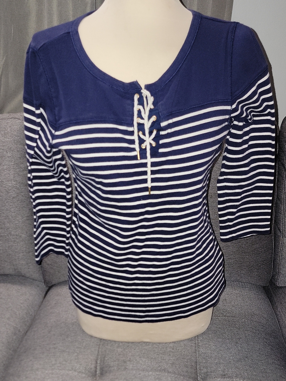 Ralph Lauren Navy and White Lace-Up Striped Long Sleeve Tee
